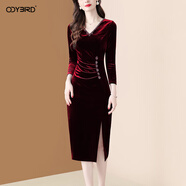 歐迪鳥(niǎo)（ODYBIRD）時(shí)尚氣質(zhì)名媛金絲絨連衣裙女2025秋季新款V領(lǐng)顯瘦開(kāi)叉旗袍裙 紅色 S