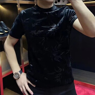 以純新款男士金絲絨短袖休閑高端打底衫修身新款圓領(lǐng)潮流上衣T恤歐貨半袖 黑色 3XL 建議155斤-170斤