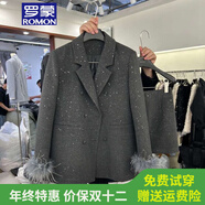 羅蒙品牌韓版氣質(zhì)西服短裙兩件套女2025冬季細閃亮片羽絨西裝套裝裙 【火雞毛袖套】灰色外套+半身裙套裝（羽絨） S （建議80-95斤）