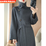 鄂爾多斯市產(chǎn)羊絨大衣女秋冬高領(lǐng)中長(cháng)款雙面絨顯瘦100％羊毛大衣 煙灰色 S