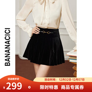banana cici2024年秋冬新款復古裝飾腰帶百褶高腰黑絲絨半身短裙C2F4QZ227 黑色 S