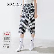 MO&Co.半身裙桑蠶絲人絲復古摩登黑白棋盤(pán)高腰抽褶開(kāi)叉摩安珂 黑白棋盤(pán)格 M 165