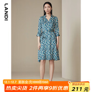 藍地新款孔雀藍印花七分袖碎花連衣裙女高腰a字中長(cháng)裙春夏 孔雀藍 S