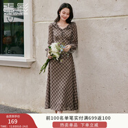 香影復古格紋法式連衣裙女2025秋季新款垂感系帶長(cháng)袖荷葉邊v領(lǐng)裙 咖色 S 55/80A/85-95斤