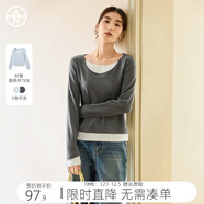 對白【AN大碼系列】海鹽奶糖假兩件長(cháng)袖T恤冬季微胖mm慵懶內搭打底衫 深灰色 M 建議體重110-125