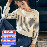 Olrain歐芮兒法式杏色條紋套頭針織衫女裝秋季寬松撞色復古上衣 杏色（第二批次） S