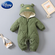 迪士尼（Disney）寶寶新生兒秋冬加厚加絨連體衣韓版羽絨服面料外出棉哈衣保暖衣服 軍綠色 小熊棉哈衣 66 建議2-5個(gè)月