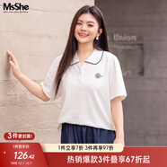 MsShe【珠地棉刺繡針織polo衫短袖T恤】大碼女裝2025夏裝胖mm上衣 T恤-米白色現貨 5XL