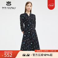 馬天奴2024秋季新款黑色印花雪紡V領(lǐng)連衣裙收腰長(cháng)裙氣質(zhì)時(shí)尚裙子 黑色 M