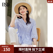 歐莎（OSA）V領(lǐng)七分袖襯衫女夏季高級感女士洋氣上衣收腰顯瘦休閑薄款襯衣 天藍色 M