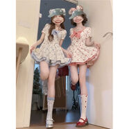 淑女風(fēng)氣質(zhì)短袖蝴蝶結碎花公主短裙夏季小個(gè)子格紋拼接修身連衣裙 藍色系碎花公主短裙 S S80-100