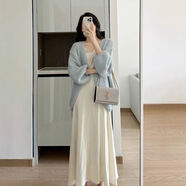 白色燈籠袖針織開(kāi)衫女秋冬季設計感寬松慵懶風(fēng)中長(cháng)款粗針毛衣外套 藍色 均碼