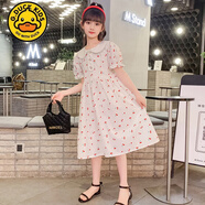 G.duck女童連衣裙夏裝2023新款韓版兒童碎花棉布裙中大童短袖純棉公主裙 米白色 140 建議身高130-140年齡10-11歲