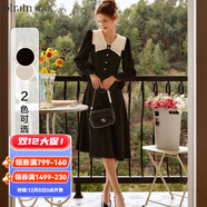 Olrain歐芮兒V領(lǐng)雪紡連衣裙女秋秋收腰顯瘦氣質(zhì)復古蕾絲拼接長(cháng)裙子 黑色 S 155/80A