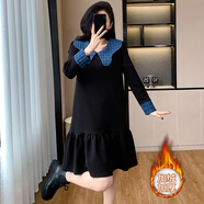 高端精致撞色拼接娃娃領(lǐng)長(cháng)袖連衣裙秋冬氣質(zhì)減齡顯瘦荷葉邊裙百搭 黑色加絨 M