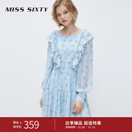 MISS SIXTY春秋新款連衣裙女荷葉邊印花碎花雪紡 淺藍 XS