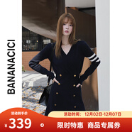 banana cici2024年冬季新款學(xué)院風(fēng)A字雙排扣收腰V領(lǐng)長(cháng)袖連衣裙C234LY322 寶藍 M