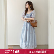 謎秀法式植物刺繡連衣裙2025夏季新款萊賽爾裙子氣質(zhì)系帶短袖長(cháng)裙女 藍色 M
