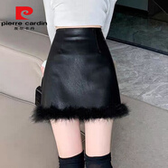 皮爾卡丹（pierre cardin）設計感小眾毛毛拼接白色半身裙女春秋百搭顯瘦高腰一步包臀皮短裙 黑色加棉 L 腰圍72-73厘米