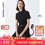 朗姿【尖貨補單】黑白色顯瘦輕禮服襯衫連衣裙女夏新款復古小黑裙裙子 黑色 L 165/84A