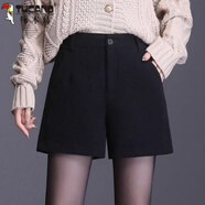 啄木鳥(niǎo)秋冬短褲女2025新款高腰外穿毛呢西裝短褲冬季加厚黑色靴褲子冬款 黑色 毛呢面料 2XL
