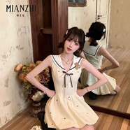 棉致學(xué)院風(fēng)甜美海軍領(lǐng)蝴蝶結高腰花苞裙女學(xué)生夏季2025新款連衣裙女 黃色條紋海軍藍無(wú)小夾配飾 均碼 L