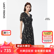 朗姿【尖貨補單】法式V領(lǐng)印花碎花雪紡抽褶連衣裙字高級感夏新款 黑色2 S 155/76A
