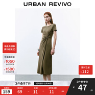 UR2025春季新款女裝簡(jiǎn)約褶皺開(kāi)衩修身短袖連衣裙UWM750014 綠卡其 XS