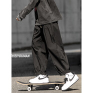 MOJY  日系復古工裝休閑褲男女士運動(dòng)夏季情侶寬松闊腿潮牌燈籠長(cháng)褲子 DSA102B-K199黑色 M [建議90-100斤] c