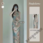 茶小阿新中式國風(fēng)油畫(huà)印花旗袍無(wú)袖連衣裙女新款氣質(zhì)顯瘦開(kāi)叉長(cháng)裙子 連衣裙 S 建議80-95斤