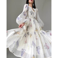 大裙擺法式印花少女感連衣裙夏蕾絲寬松娃娃公主裙女 白色 M