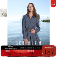 三彩2025秋款格紋襯衫式連衣裙長(cháng)袖收腰百褶短裙復古Miu系M 藏青色格紋 L 165/88A