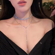 精致高級感滿(mǎn)鉆超閃長(cháng)款流蘇多排水鉆鎖骨鏈女奢華設計感胸鏈項鏈 銀色