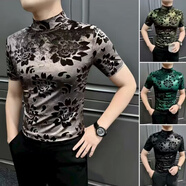 南極人金絲絨半高領(lǐng)短袖T恤男士秋季時(shí)尚休閑半袖打底衫潮青年男裝 859-深咖色 M 建議85-110