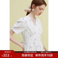 范思藍恩23FS12642茶歇法式碎花連衣裙女夏季新款V領(lǐng)沙灘長(cháng)裙 白底紫花 S