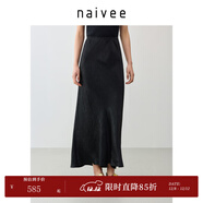 納薇（naivee）【100%醋酸】商場(chǎng)同款25夏流光中長(cháng)半身裙松緊腰 黑色 S