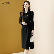 歐迪鳥(niǎo)（ODYBIRD）黑色拉鏈翻領(lǐng)連衣裙女2025秋季新款褶皺系帶收腰顯瘦開(kāi)叉裙子 黑色 M