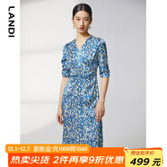 藍地（LANDI）商場(chǎng)同款夏季新款腰部抽褶碎花印花短袖連衣裙女 淺藍色 M