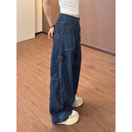 駿于鈊（JUNYUXIN）美式拼接解構條紋牛仔褲女款多口袋設計感褲子小眾彎刀闊腿工裝褲 藍色 S