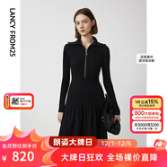 朗姿法式翻領(lǐng)顯瘦高級感針織連衣裙ol風(fēng)氣質(zhì)小黑裙秋季新款 夜幕黑色 S