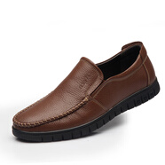 紅蜻蜓冬季加絨皮鞋男真皮休閑中老年爸爸鞋保暖軟底防滑爺爺鞋老人棉鞋 橘色單鞋款 40