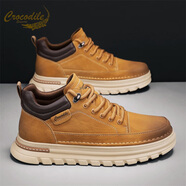 鱷魚(yú)恤馬丁靴男士2025新款冬季厚底增高防滑雪地靴加絨真皮休閑鞋 黃棕 38