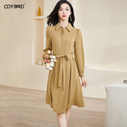 歐迪鳥(niǎo)2025秋季新款時(shí)尚氣質(zhì)襯衫連衣裙系帶收腰寬松中長(cháng)裙子 卡其色 S