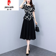 皮爾卡丹（pierre cardin）雪紡拼接假兩件連衣裙女2025夏季新款時(shí)尚收腰洋氣減齡中長(cháng)裙 條紋拼接 5XL