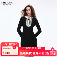 LIME FLARE朗姿萊茵福萊爾珠飾撞色法式浪漫復古蝴蝶結羊毛針織連衣裙26春新 夜幕黑色 2XL