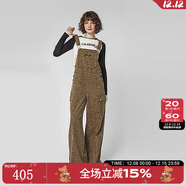 LALABOBO美式復古豹紋純棉工裝背帶褲女秋新款寬松闊腿牛仔褲RBDC-ZT11 咖色 常規 26