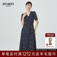 深呼吸DEEP BREATH女裝V領(lǐng)中長(cháng)高腰泡泡袖收腰碎花連衣裙A500197 藏藍-白點(diǎn) M (3碼)