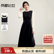 尚都比拉燈芯絨假兩件連衣裙女秋季長(cháng)袖立領(lǐng)收褶系帶A字裙蕾絲袖中長(cháng)裙