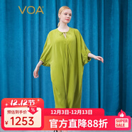 VOA真絲重磅30姆米橄欖綠圓領(lǐng)系帶蝙蝠七分袖桑蠶絲歐美連衣裙 AE898 橄欖綠（G23） L