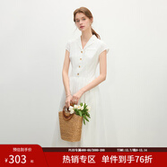 范思藍恩法式復古翻領(lǐng)短袖襯衫連衣裙女2025夏裝新款高腰A字裙子 白色 M